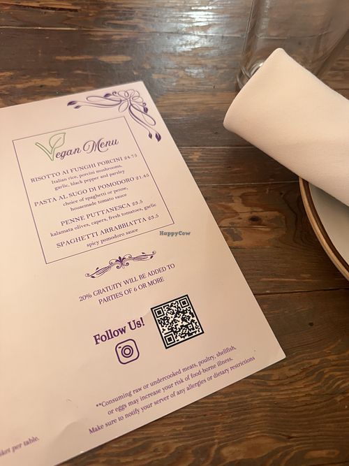 Small but labeled vegan menuu  at Ristorante Illando  in San Diego