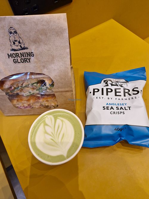 Falafel focaccia, matcha & crisps at Morning Glory  in Manchester