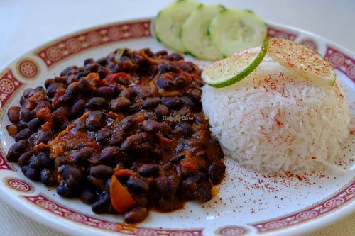 black beans in a chilli sauce with basmati rice at Bio Sound System in Venice