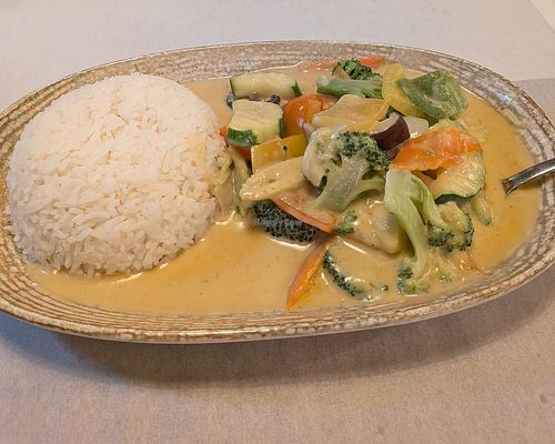 Vegetarian Green Curry - fresh vegetables cooked in spices and coconut milk with jasmine rice. at La Vietnamese Restaurant & Bar  in Doncaster