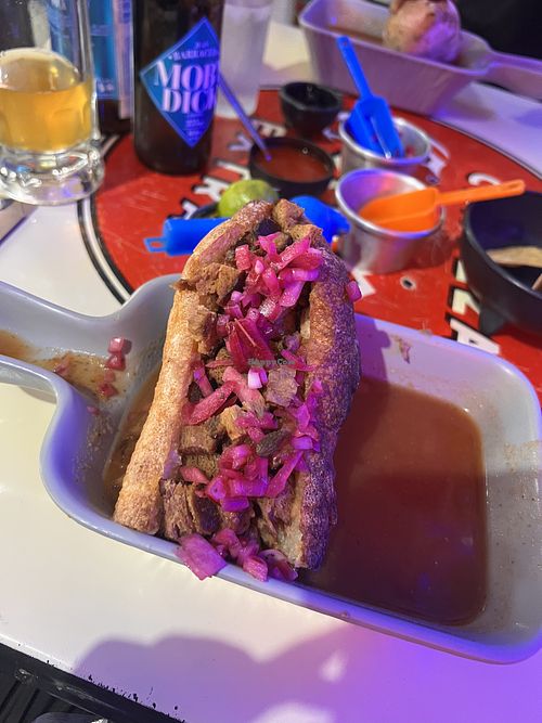 Clavada (tipo torta ahogada) de seitan y la otra de chicharrón de soya   at Mal de Cruz in Mexico City