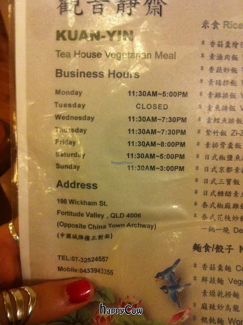 Menu - restaurant shut Jan 2015; now delivery only at Kuan-Yin Vegetarian in Brisbane
