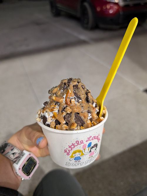The Margot with strawberry compote, pretzel pieces, and peanut butter drizzle at Little Ladies Soft Serve in Westerville