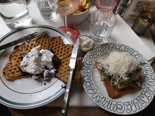Vegan blueberry pancakes and avocado toast!  at Guilty Pleasure Cafe in Sundsvall