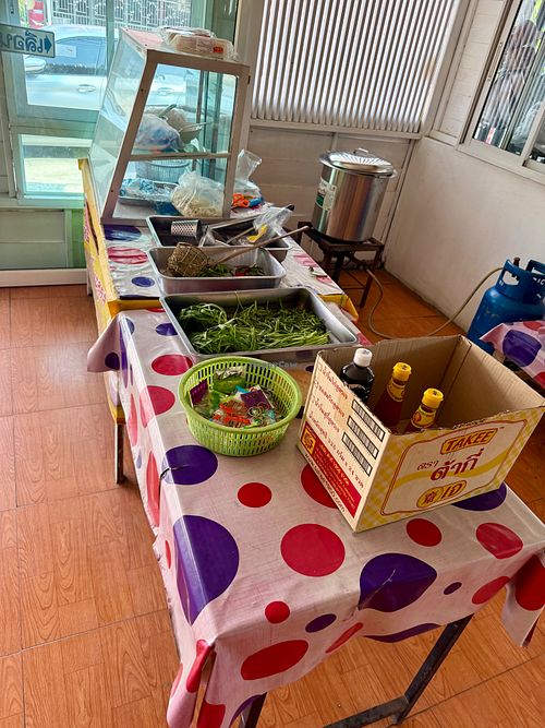 Noodle soup station at Hundred years Vegetarian Foods in Ubon Ratchathani