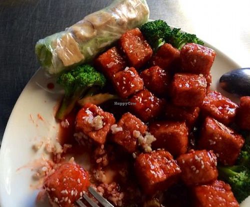 Sesame Tofu, brown rice, spring veg roll  at Banana Leaf in Rio Rancho