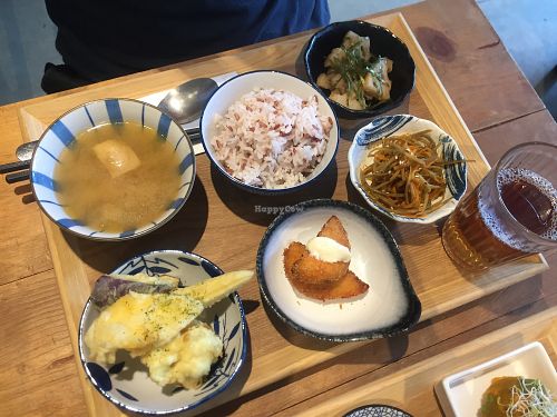 Japanese meal set: Potato cake, Tempura, burdock, lotus root at MUM Veggie Cafe in Hong Kong Island