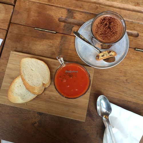 Dark Chocolate (with almond milk) and Tomato soup at MUM Veggie Cafe in Hong Kong Island
