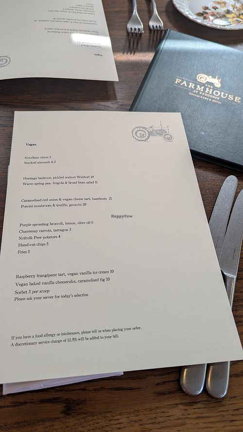 Separate vegan menu at The Farmhouse at Redcoats in Hitchin