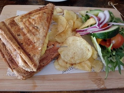 Vegan cheese and onion jaffle served with salad and crisps at B&B at No.3 & Jaffles Cafe Bar in Nuneaton