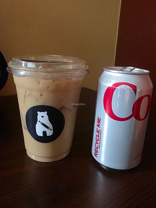 Iced oatmilk latte. Can for scale. at Forgotten Bakery in Sacramento