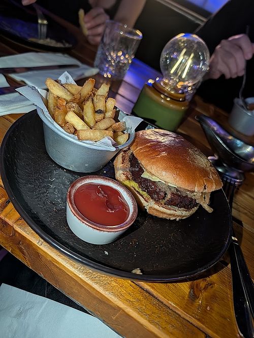 Blackbird vegan burger with fries at Gorilla in Manchester
