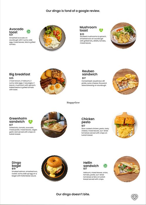 Menu with vegan and vegetarian options marked at The Dingo Cafe in Katoomba