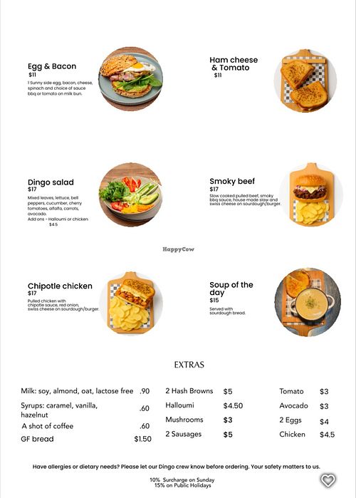 Menu at The Dingo Cafe in Katoomba