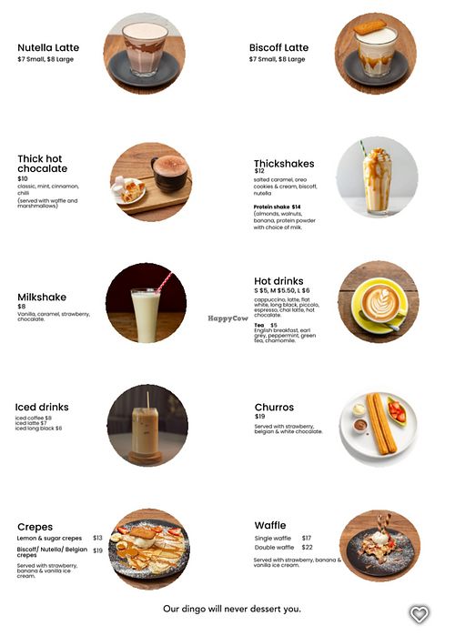 Menu at The Dingo Cafe in Katoomba