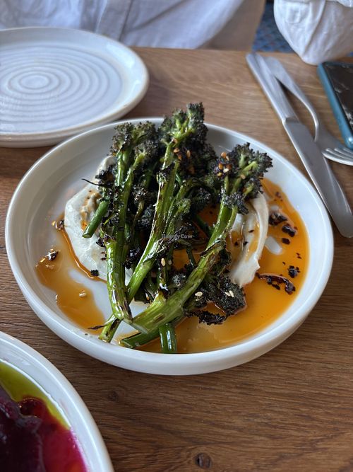 Tenderstem broccoli, cashew cream, chilli oil  at Root Bath in Bath