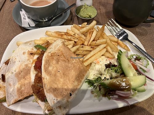 Vegan quesadilla and tea with oat milkk  at Cafebar 1780 in Glasgow