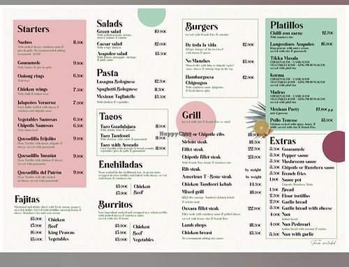 Menu at Juanita Mumbai in Lanzarote