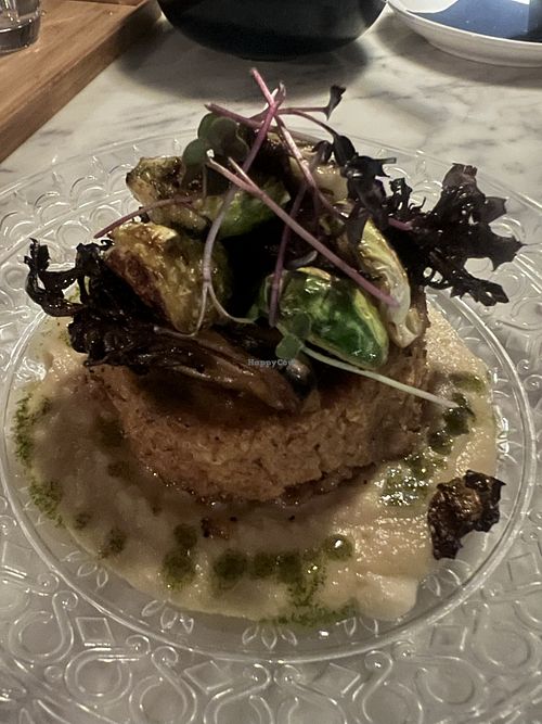 FARRO CAKE
seared farro cake served with a sunchoke puree with maitake mushrooms, seared brussel sprouts, and a herb oil
$29
vegetarian, vegan ( < —from website)  at Bridges & Bourbon in Pittsburgh