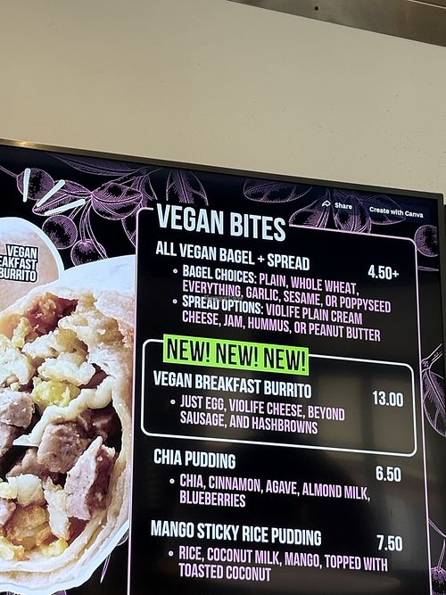 Vegan menu  at Jaho Coffee Roaster & Wine Bar in Boston