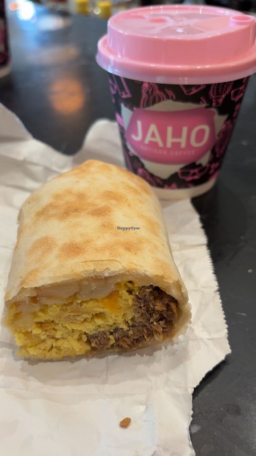 Vegan burrito with macadamia milk latte both so good  at Jaho Coffee Roaster & Wine Bar in Boston