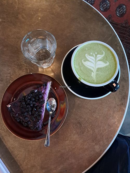 Blueberry pie and matcha latte at Pilkku in Helsinki