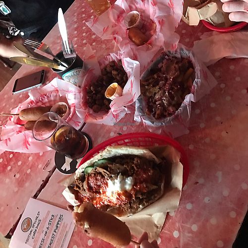 cheese on a stick, corn dogs, peanut butter and jelly fries and chicken poppers at Beelzebab in Brighton