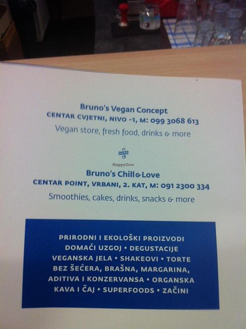 Back of literature, showing their locations at Bruno's Vegan Concept in Zagreb