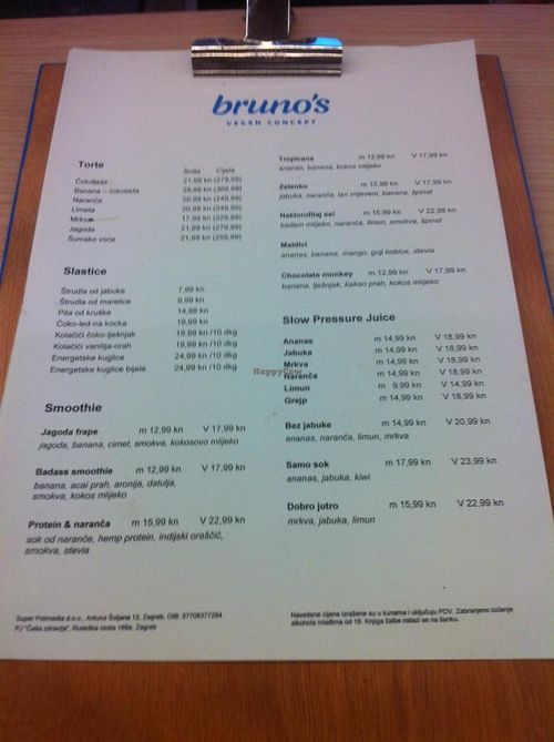 Menu page 1 at Bruno's Vegan Concept in Zagreb