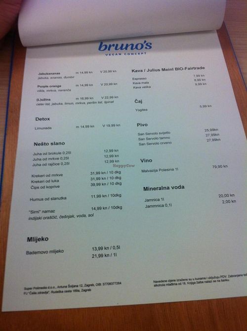 Menu page 2 at Bruno's Vegan Concept in Zagreb