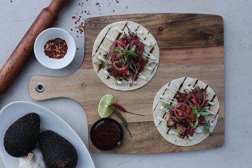Jackfruit Tacos with Slaw, Coriander & Chipotle Dip at Vegilicious in St Kilda