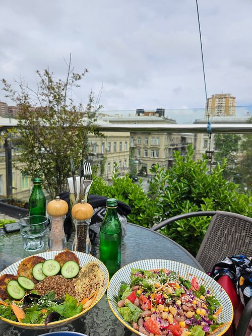 Vegan protein salad (right) and falafel bowl without the sauce (left) at W_Space in Baku