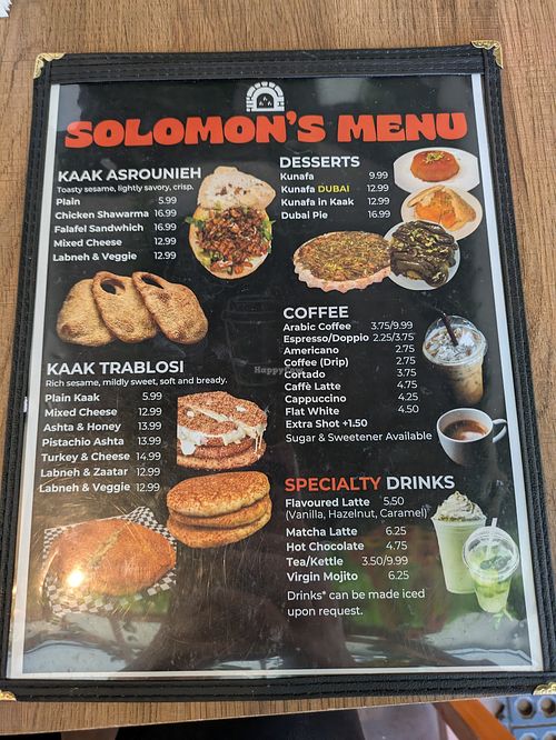 Menu at Solomon's Oven in Ottawa