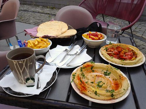 Hummus with pitas and fries. at Burekas in Kosice