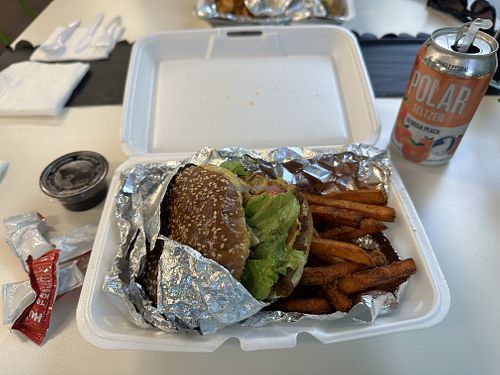 Impossible burger with sweet potato friess  at Big Fat Vegan in Atlanta