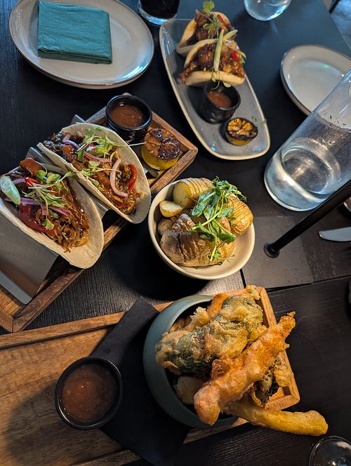 Cauliflower bao buns, jackfruit tacos, hassleback p potatoes, tempura vegetables at FortySix in Malton