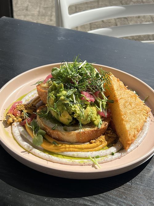 Avocado toast + hash brown  at Jones Street Kitchen in Mooloolah Valley