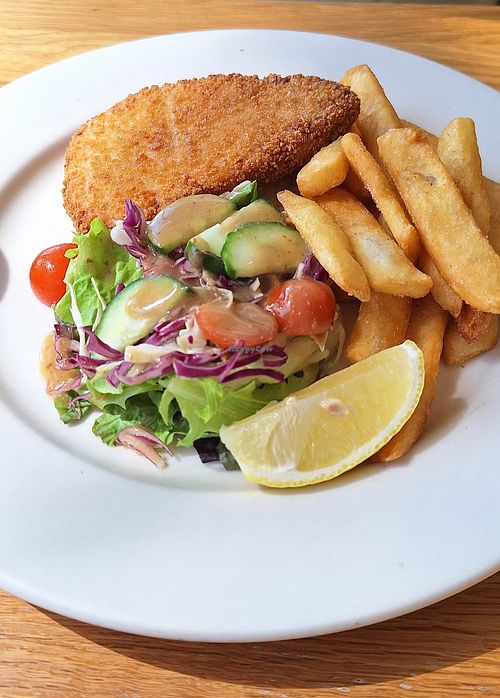 Vegan schnitzel, chips & salad at Bundaberg Social Club in Bundaberg