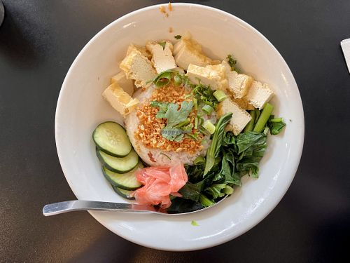 Vegan Khao Haang (topped with incredible fried garlic)  at Khao Moo Dang in Portland