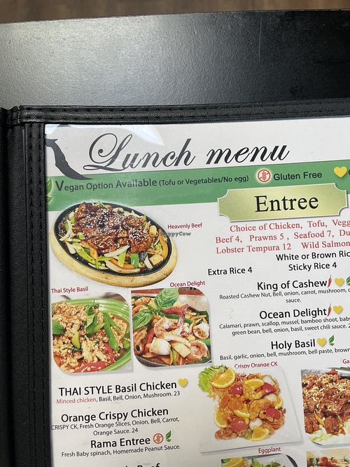 Labels on menu to show a vegan version is available  at Thai Wisdom Bistro Edmonds in Edmonds