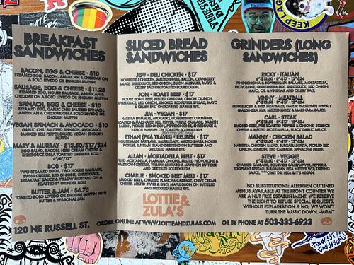 Menu  at Lottie & Zula's in Portland