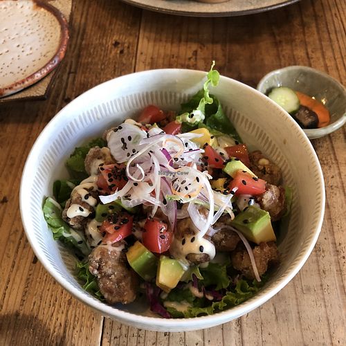 Rice bowl with fried soy "chicken" at Harukucchii in Fujisawa