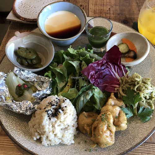 Brown rice set meal. From the top- homemade tofu (so smooth!), a shot of green smoothie, pickles, squash noodles, taro fritters, brown rice, baked onion with coriander, edamame with some sort of delicious seasoning, green salad in the center. at Harukucchii in Fujisawa