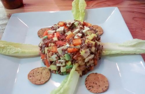 Avocado, Mango, Organic Quinoa Salad with Tofu at Lotus Seed Vegan in Vancouver