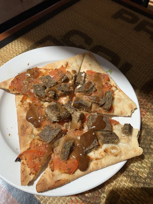 Vegan sausage caprese breakfast pizza!  at Stagecoach Coffee Roasters in Cooperstown