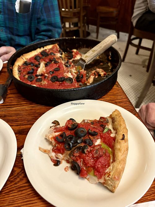 Veggie deep dish (sub vegan cheese), add olives oil  at Pizzeria Due in Chicago