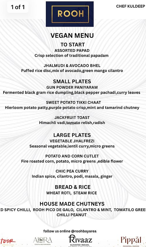 Vegan Menu  at ROOH Palo Alto in Palo Alto
