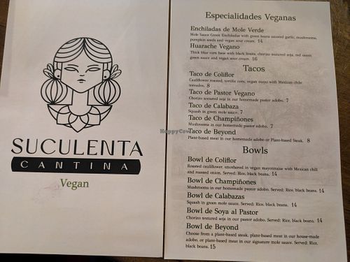 Separate vegan menu at Suculenta Cantina in Pflugerville