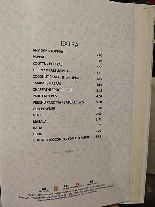 Menu extra at NK Arya Bhavan - South Indian Pure Vegetarian Restaurant Brussels in Brussels