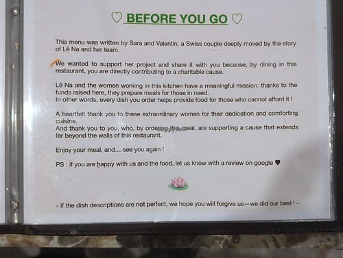 Menu note at Com Chay Thiem Tam Vegan Restaurant in Da Nang
